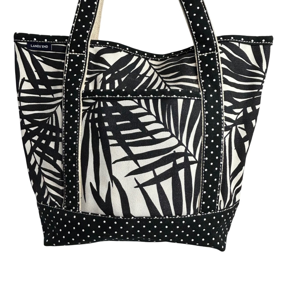 Lands End Canvas Tote Bag Black White Palm Leaf Polka Dot Print Medium
